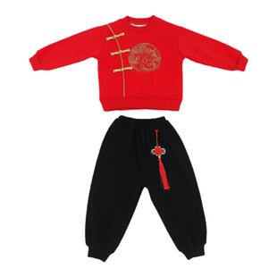 男宝冬季儿童过年喜庆衣服新年套装中国风男童加绒卫衣龙年拜年服