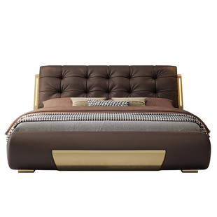 2025新款意式轻奢真皮大床现代简约带夜灯豪华主卧双人婚床储物床
