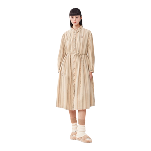 古木夕羊复古竖条纹绣花设计连衣裙女冬季气质百搭收腰中长裙