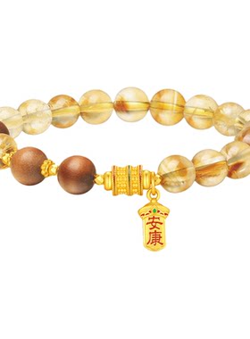 潮宏基弘安康富贵黄金手链足金黄晶5D硬金转运珠手串檀香木手链