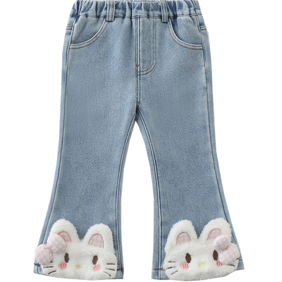 女宝贝卡通一体绒牛仔喇叭裤百搭