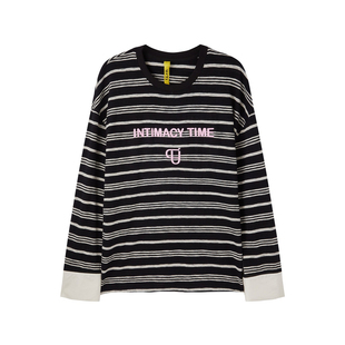 U/TI黑色条纹衬衫拼接棉感T恤女装 百搭阔感圆领尤缇2025春季新款