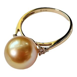 南洋金珠天然海水珍珠戒指厚实款18K金镶钻石正圆强光无调色素雅