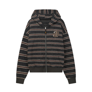 BIPOLAR复古条纹贴布开衫卫衣美式复古休闲宽松上衣春百搭外套男