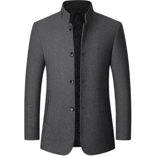 男士毛呢夹克男中山装立领中年男士2023秋冬款爸爸装毛呢男外套