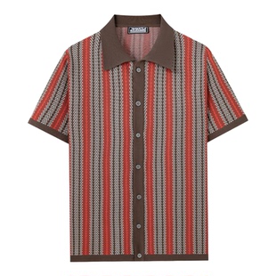 2026夏季欧美短袖修身T恤针织衫男条纹提花商务polo衫Men T-shirt