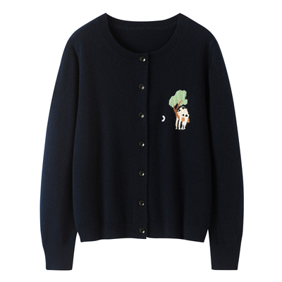 大象手绣100纯山羊绒衫女针织开衫春秋毛衣外套百搭简约时尚外搭