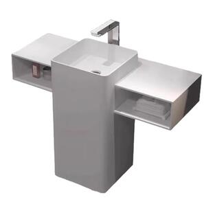 定制哑光白色人造石柱盆立柱式洗手盆落地式洗脸盆阳台一体台面