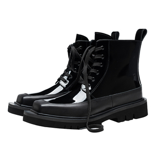 英伦风圆方头漆皮马丁靴男真皮2025新款高帮靴休闲厚底机车短靴潮