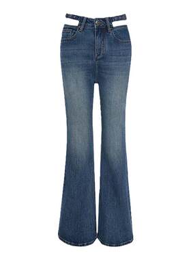 复古蓝镂空牛仔裤做旧水洗喇叭裤