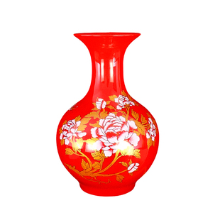 景德镇陶瓷器插花瓶 红色婚宴摆件家居客厅卧室 壁橱博古架装饰品