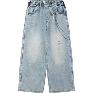 【3D牛仔】潮牌进口机印绣花链条牛仔裤不褪色直筒百搭男女童春装