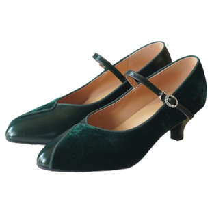 奈里复古民国绿丝绒拼接优雅40旗袍高跟鞋杏仁头一字带酒杯跟单鞋