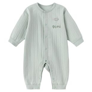 babylove婴儿连体衣春秋A类纯棉双层提花透气纯色爬服宽松不束缚