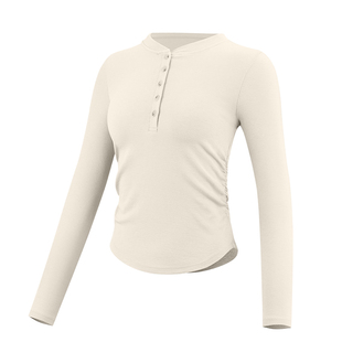 neverme新瑜伽服女纽扣修身收褶显瘦打底衫运动跑步健身服上衣春