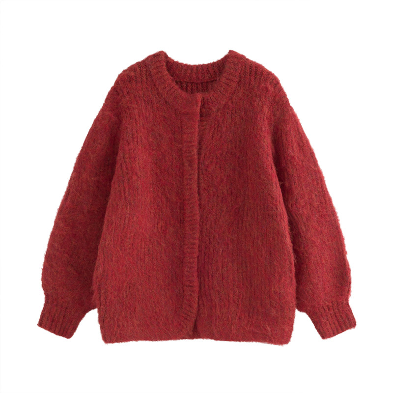 AZure温柔风红色马海毛开衫复古毛衣针织灯笼袖节日新年通勤外套