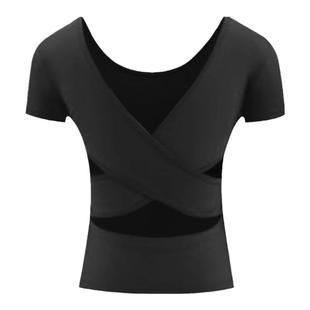 交叉美背】拉丁舞服短袖夏练功上衣国标跳舞衣成人女有胸垫 Y126