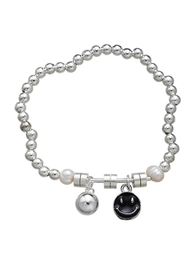 刊赛黑色笑脸弹力绳圆珠手链女百搭百搭款个性设计配饰韩系手饰品