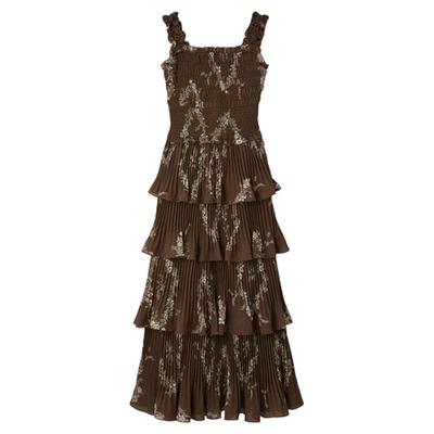 SNIDEL2025秋冬新品复古格纹印花吊带荷叶边蛋糕连衣裙SWFO254181