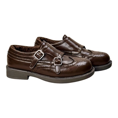 达芙妮真皮加绒小皮鞋女2025新款冬季保暖复古布洛克一脚蹬乐福鞋