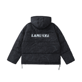 LAMLICKA潮牌满印熊猫中长款棉服男2023冬季嘻哈轻薄保暖棉衣外套