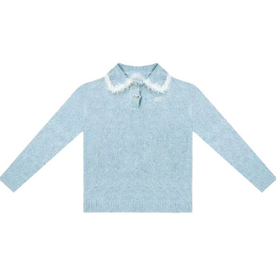 美式复古蓝色娃娃领针织衫毛衣