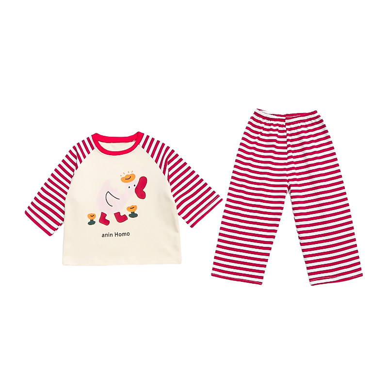 女童纯棉卡通条纹家居服套装