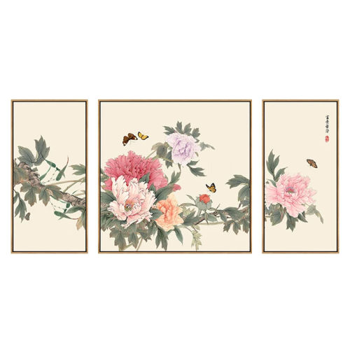 富贵牡丹客厅三联组合画新中式沙发背景墙装饰画酒店民宿花鸟挂画