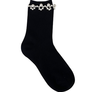 无骨珍珠花边棉中筒女袜简约纯色ins风韩风小众款日系竖条堆堆袜