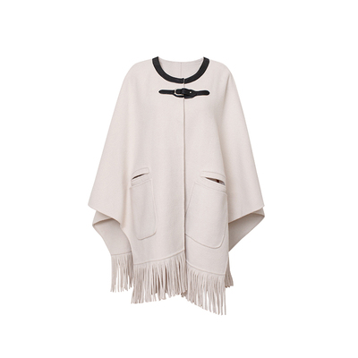 TOP家 律动美感 法式复古重工羊毛双面呢 大摆量流苏斗篷外套大衣