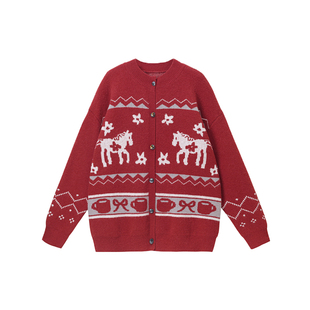 PCMY跨年穿搭新年款费尔岛红色开衫过年毛衣情侣2026冬针织衫外套