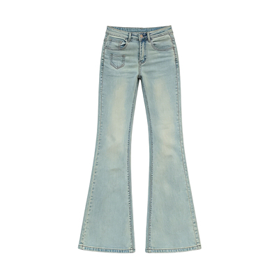 浅色刺绣弹力牛仔微喇裤女