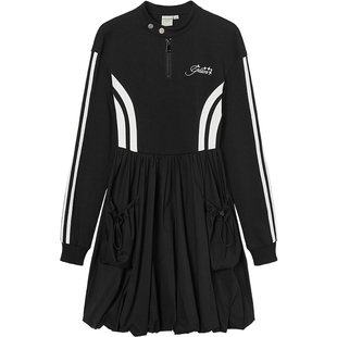 【199/件】EPTISON连衣裙女黑色高级感假两件拼接修身长袖裙子