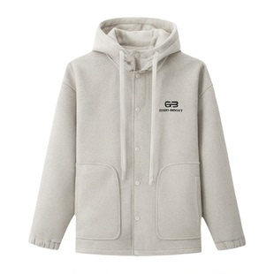 假两件连帽外套男生秋冬季新款加绒保暖宽松休闲毛呢夹克男装上衣