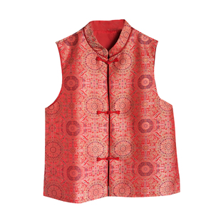 新中式国风妈妈装红色马甲春装无袖宴礼服坎肩马夹唐装背心上衣女