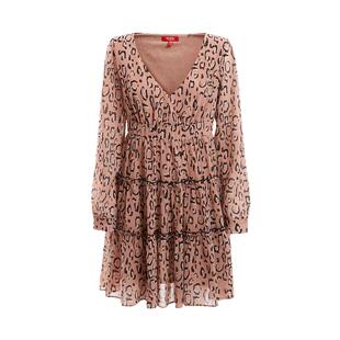 GUESS新女士法式高级感豹纹印花V领收腰长袖连衣裙-