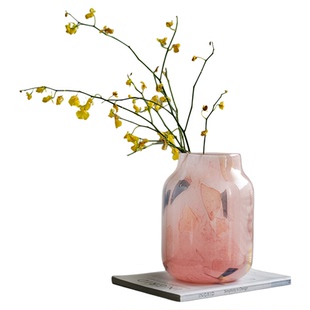 粉色琉璃花瓶高级感现代简约宽口装饰摆件客厅插花水培鲜花花器