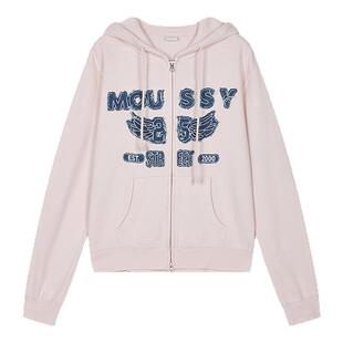 MOUSSY春季新品休闲风字母连帽抽绳拉链卫衣女028IAA90-1027