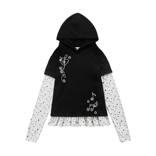 Double L2 假两件条纹长袖T恤女春季小个子连帽修身打底衫上衣潮