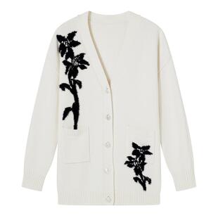 Goodland美地女装2024年春新中式提花v领羊毛针织开衫外套宽松