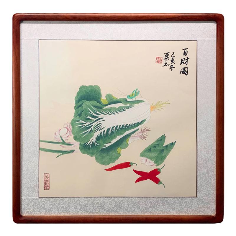 百财图白菜蝈蝈招财手绘真迹餐厅