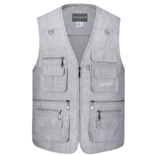 棉麻夏季薄款男式中老年马甲多口袋休闲宽松加大肥佬爸竹节棉外贸