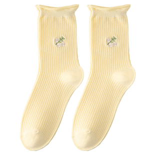 袜子女春秋款中筒袜花朵刺绣日系木耳花边黑色搭配小皮鞋纯棉长袜