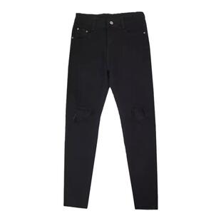 暗黑高街风黑色高弹力膝盖破洞牛仔裤男痞帅炸街修身小脚乞丐裤子