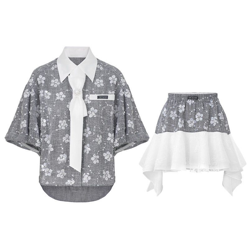 4MILE BY KSMILE 26春夏新款亮片花朵五分袖套装蕾丝拼接两件套