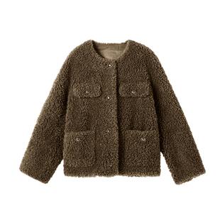 YINER音儿女装冬季法式优雅圆领金属扣饰保暖环保羊毛皮草外套