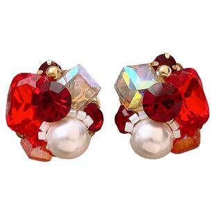 红色锆石珍珠耳钉女轻奢高级感气质大气耳饰夸张耳环2026新款爆款