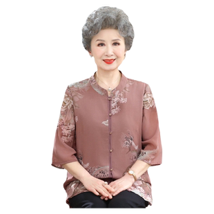 中老年人夏装女国风高档衬衫奶奶套装老人太太衣服妈妈夏季薄衬衣