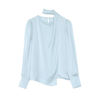 JESTOMS |优雅贵华_垂感醋酸圆领衬衫女设计感不规则飘带上衣