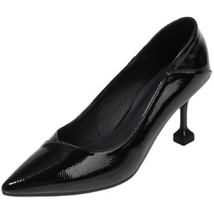 高跟鞋女黑色尖头细跟2025新款猫跟舒适工作鞋软底漆皮职业女单鞋